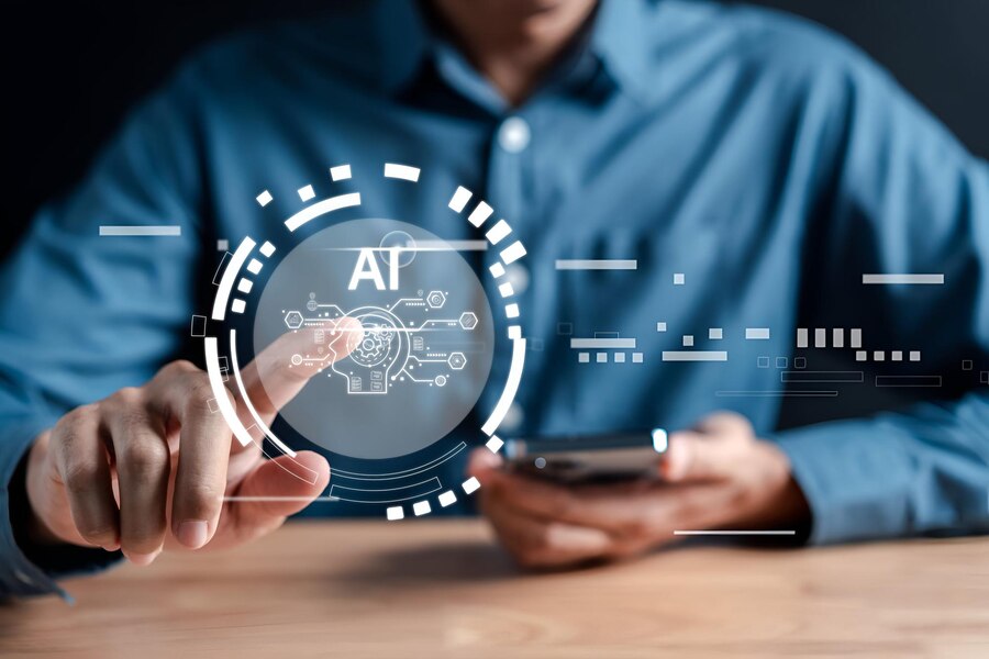A person uses a smartphone while interacting with a digital AI interface projected in front of them.